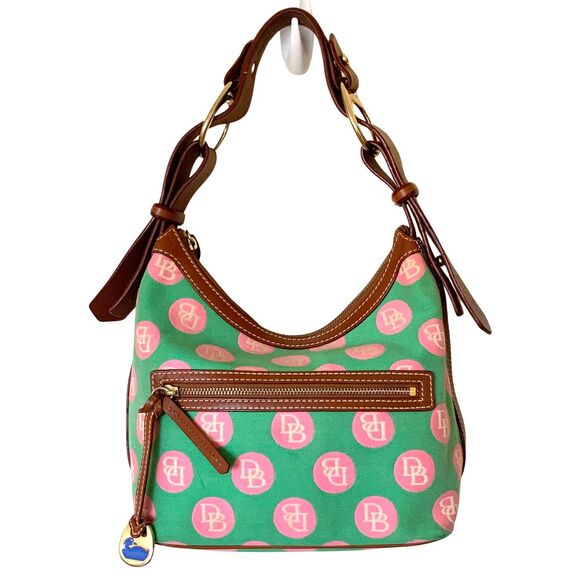 Dooney & Bourke Green and Pink Logo Polkadot Canvas Shoulder Bag - Picture 1 of 13
